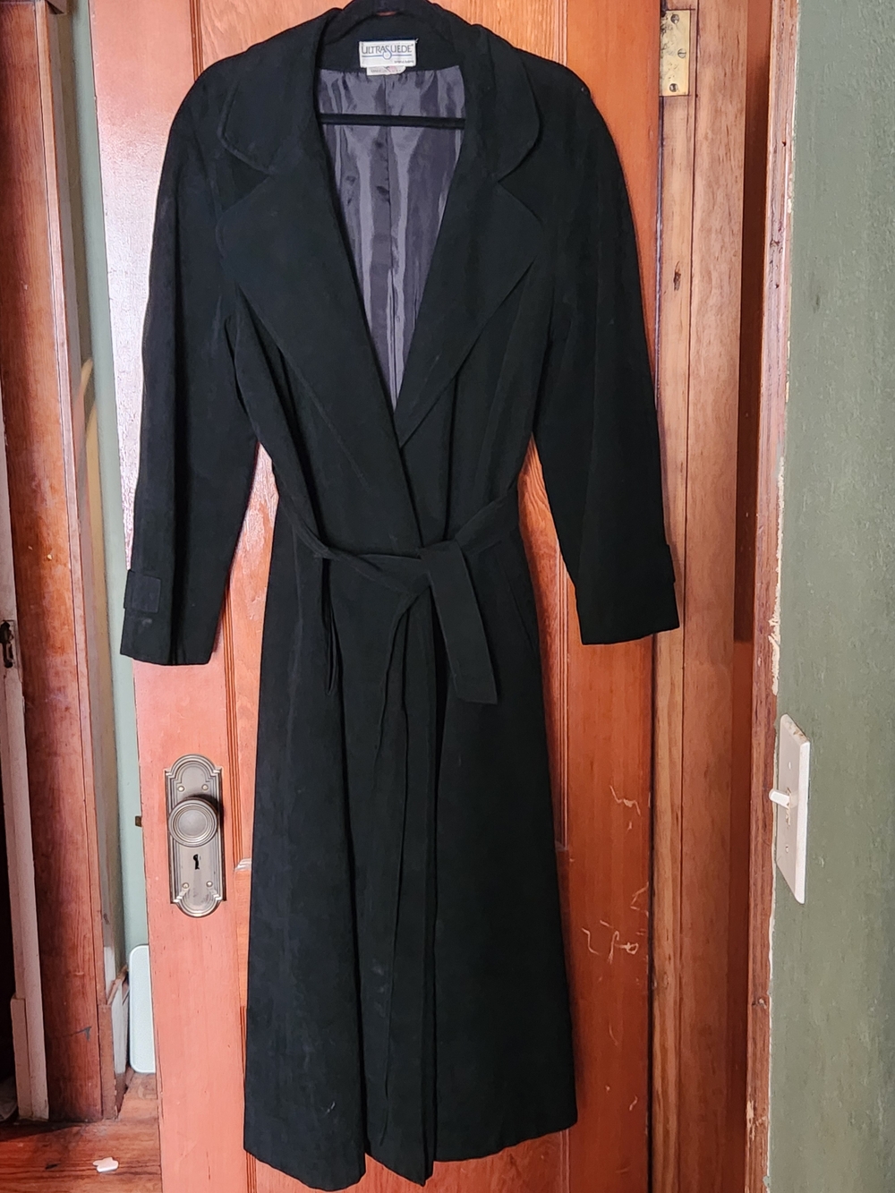 Black Faux Suede Long Belted Trench Coat
